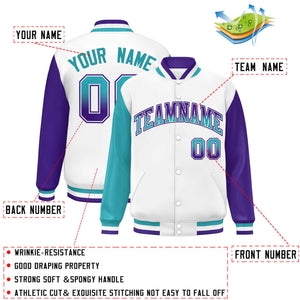 Custom White Aqua-Purple Varsity Full-Snap Raglan Sleeves Letterman Baseball Jacket