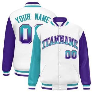 Custom White Aqua-Purple Varsity Full-Snap Raglan Sleeves Letterman Baseball Jacket