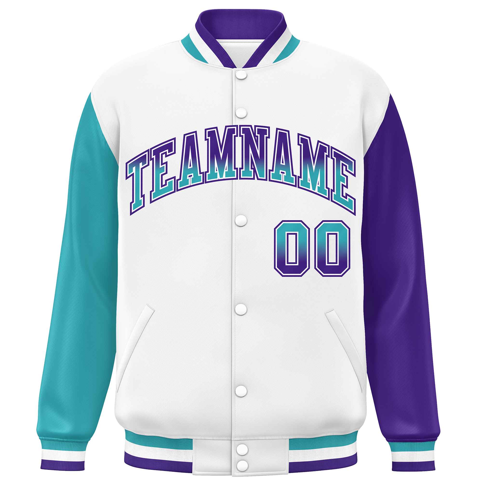 Custom White Aqua-Purple Varsity Full-Snap Raglan Sleeves Letterman Baseball Jacket