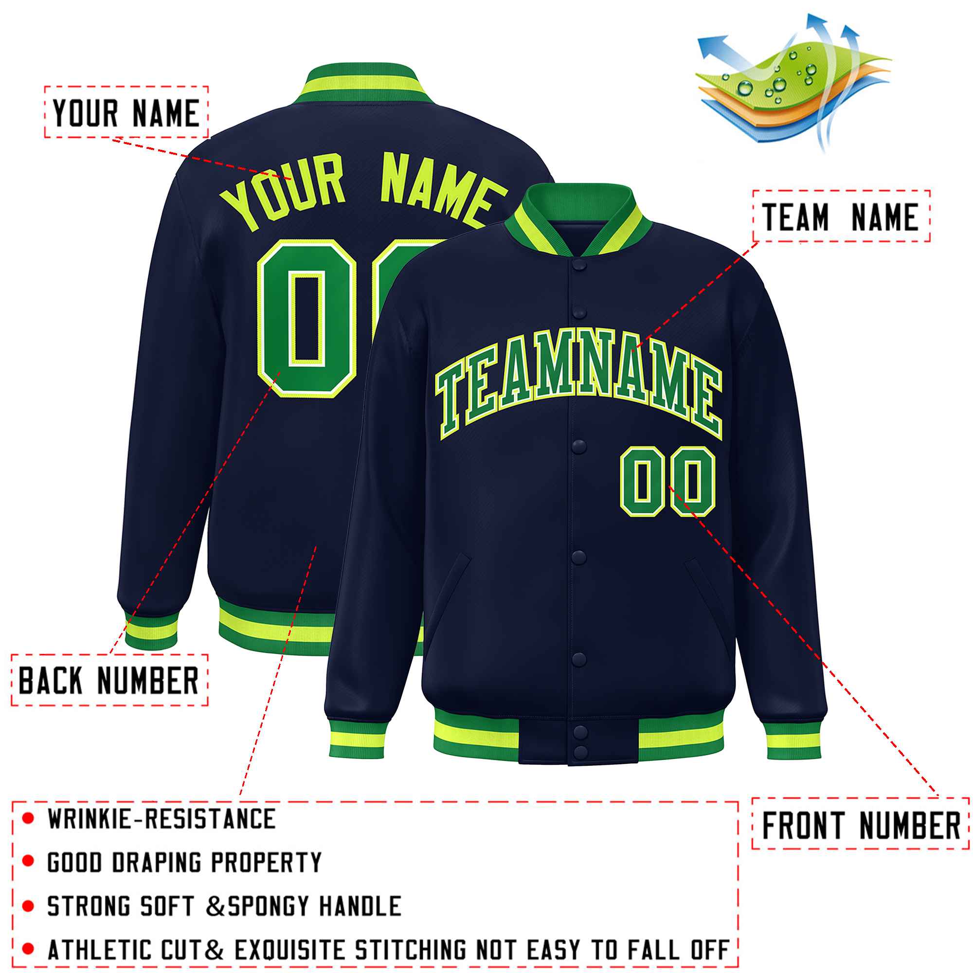 Custom Navy Kelly Green Varsity Full-Snap Classic Style Letterman Baseball Jacket