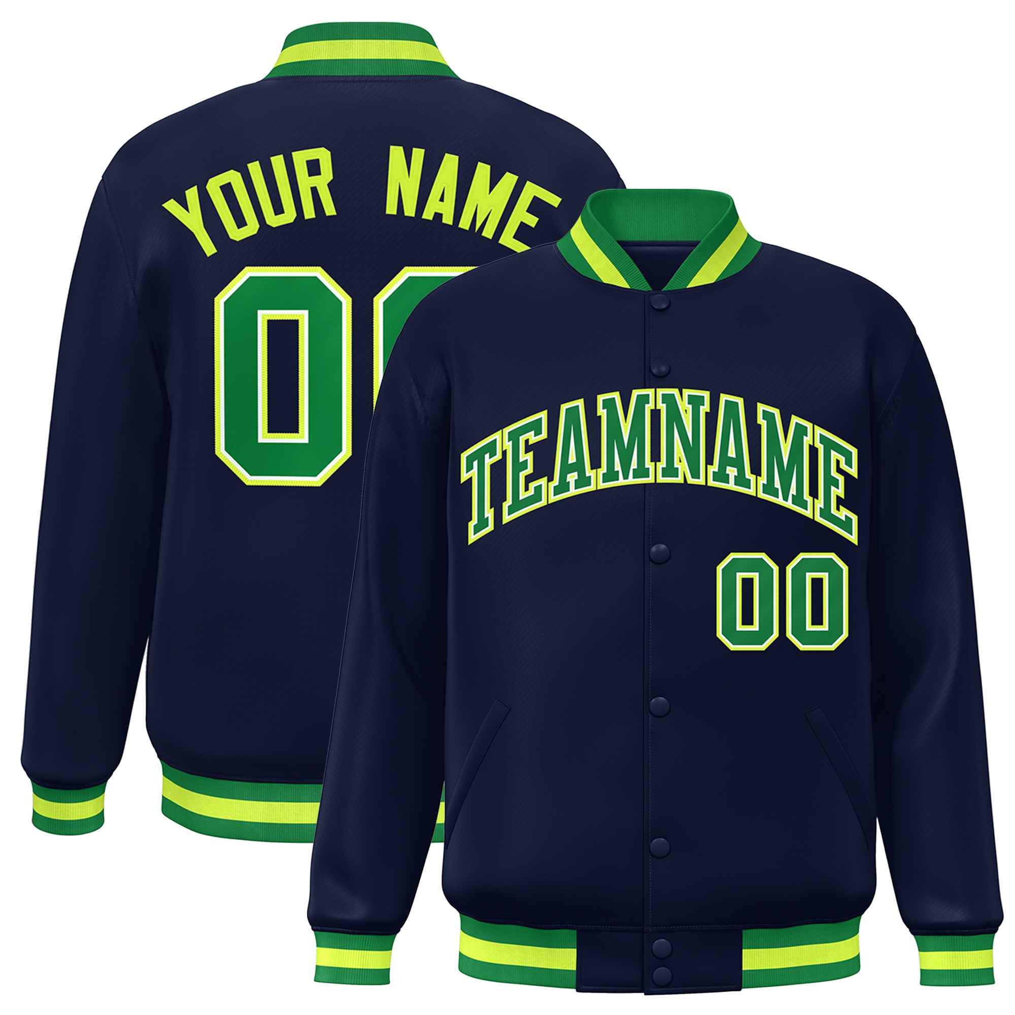 Custom Navy Kelly Green Varsity Full-Snap Classic Style Letterman Baseball Jacket