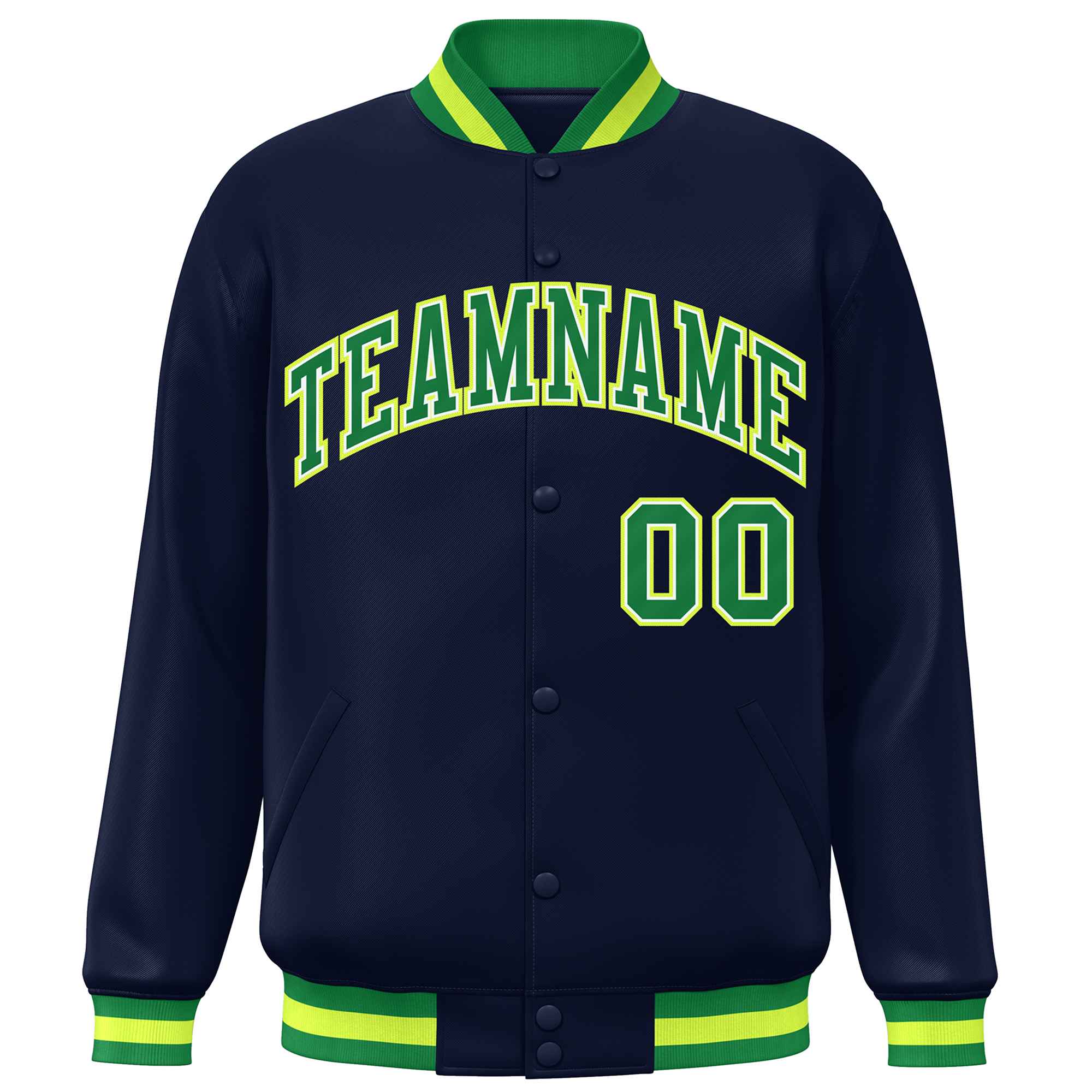 Custom Navy Kelly Green Varsity Full-Snap Classic Style Letterman Baseball Jacket