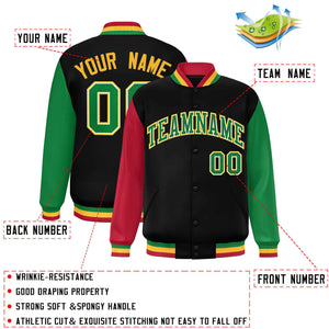 Custom Black Red-Kelly Green Varsity Full-Snap Raglan Sleeves Letterman Baseball Jacket