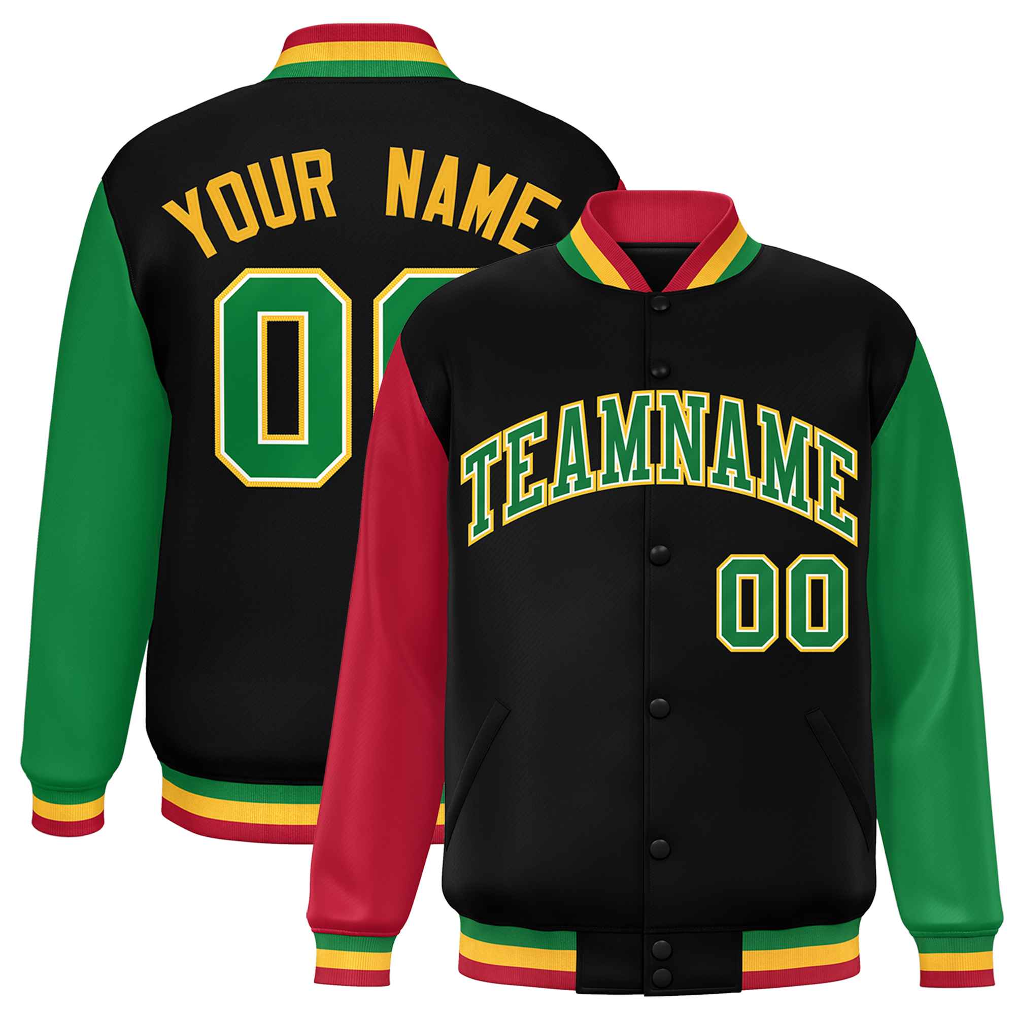 Custom Black Red-Kelly Green Varsity Full-Snap Raglan Sleeves Letterman Baseball Jacket