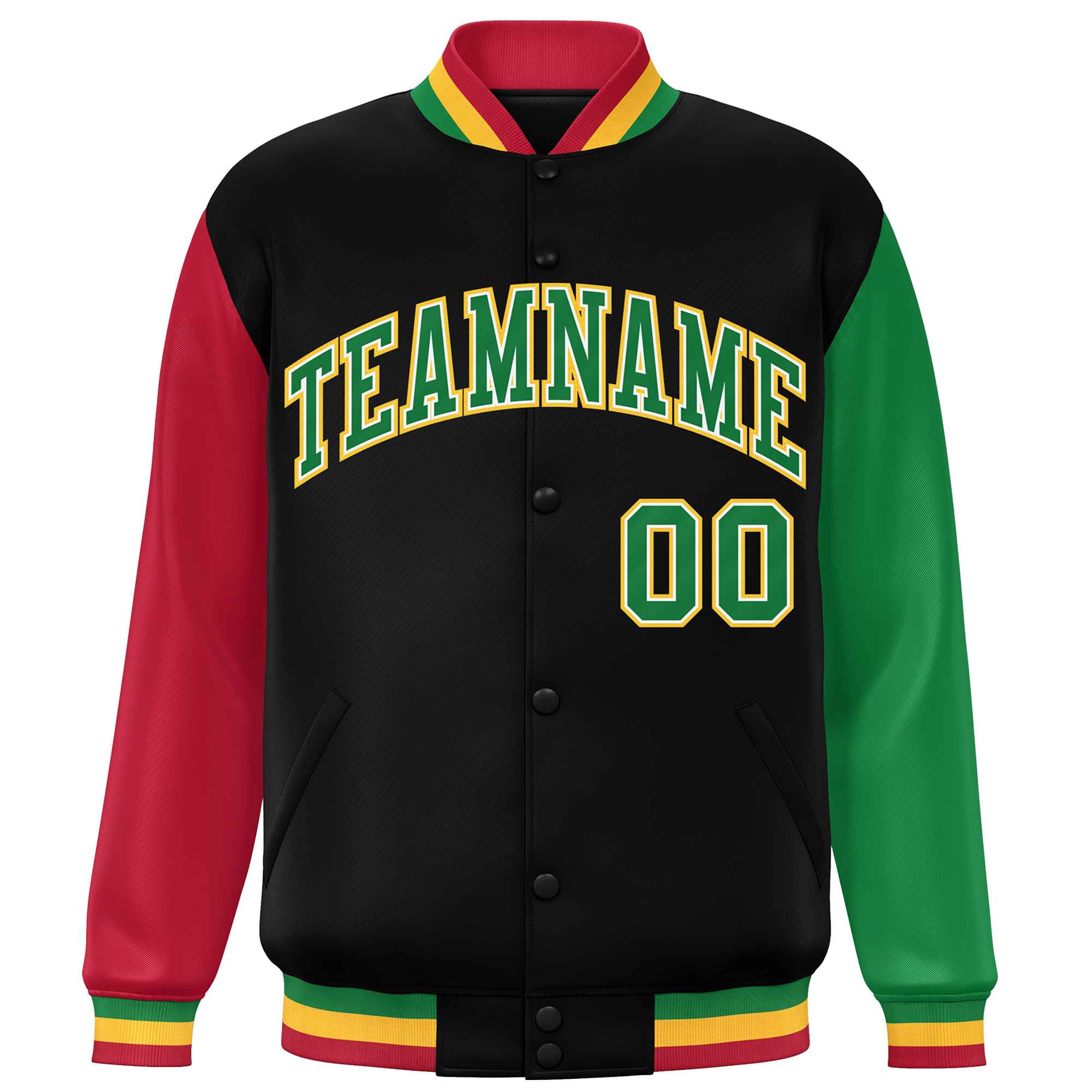 Custom Black Red-Kelly Green Varsity Full-Snap Raglan Sleeves Letterman Baseball Jacket