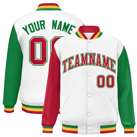 Custom White Red-Kelly Green Varsity Full-Snap Raglan Sleeves Letterman Baseball Jacket