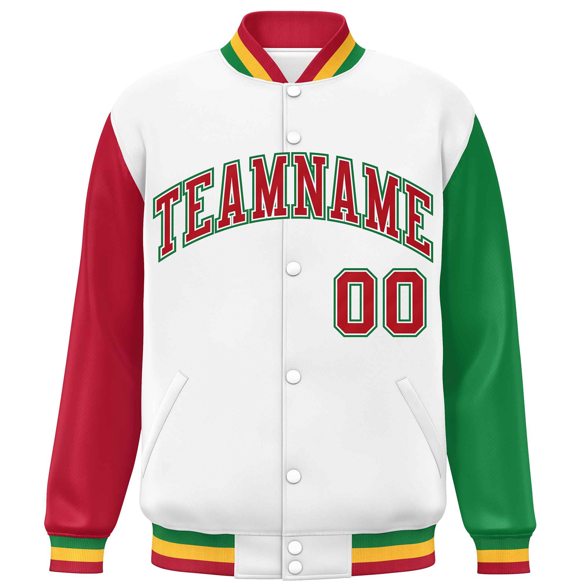 Custom White Red-Kelly Green Varsity Full-Snap Raglan Sleeves Letterman Baseball Jacket