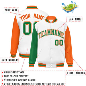 Custom White Kelly Green-Orange Varsity Full-Snap Raglan Sleeves Letterman Baseball Jacket