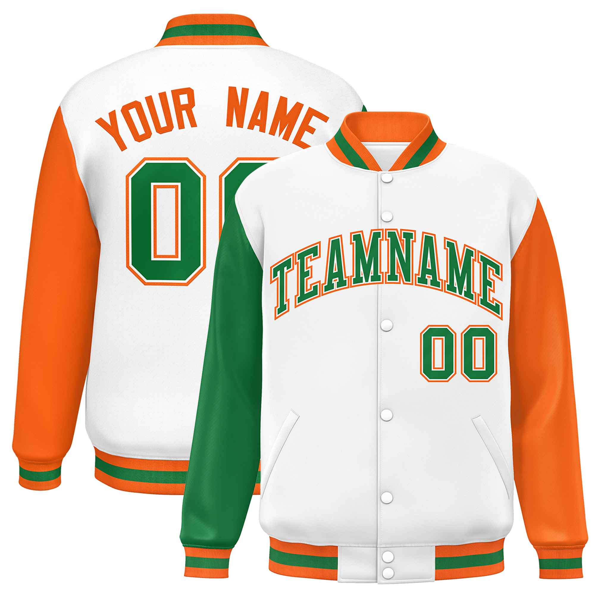 Custom White Kelly Green-Orange Varsity Full-Snap Raglan Sleeves Letterman Baseball Jacket