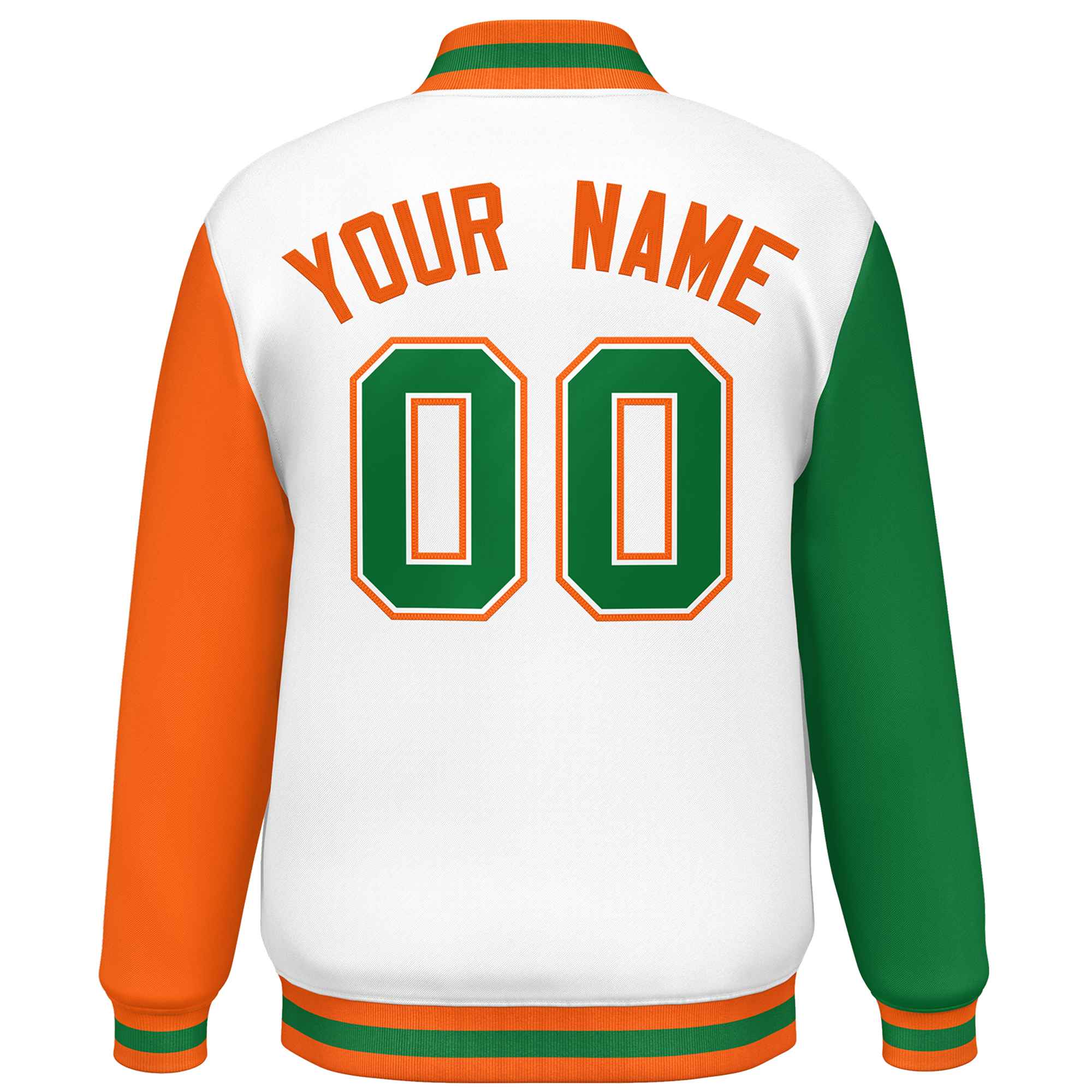 Custom White Kelly Green-Orange Varsity Full-Snap Raglan Sleeves Letterman Baseball Jacket