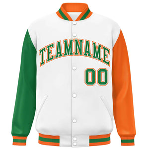 Custom White Kelly Green-Orange Varsity Full-Snap Raglan Sleeves Letterman Baseball Jacket