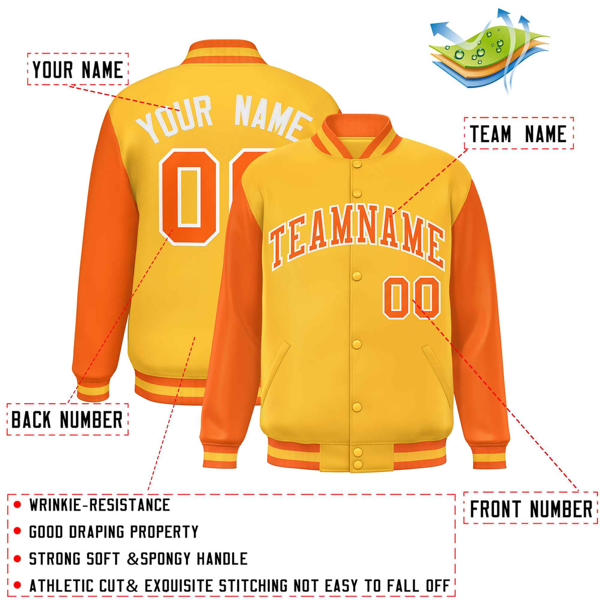 Custom Gold Orange Varsity Full-Snap Raglan Sleeves Letterman Baseball Jacket