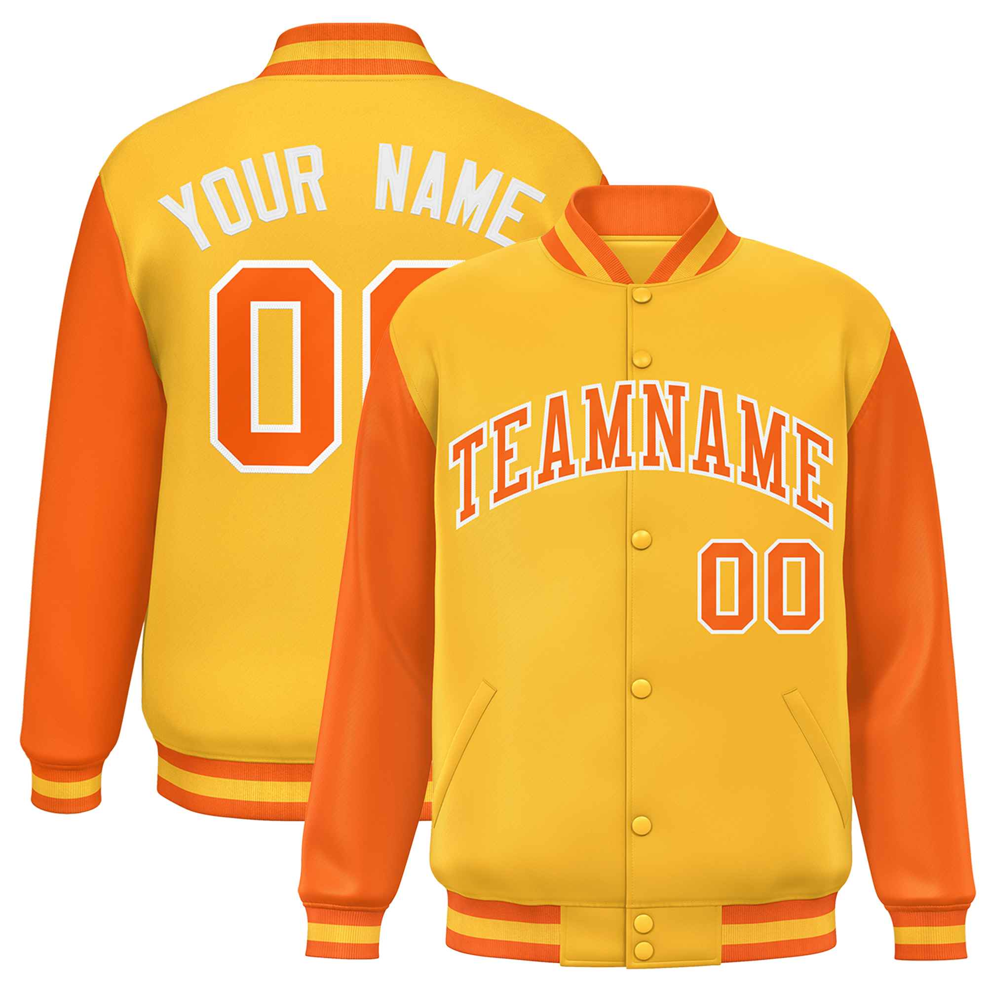 Custom Gold Orange Varsity Full-Snap Raglan Sleeves Letterman Baseball Jacket