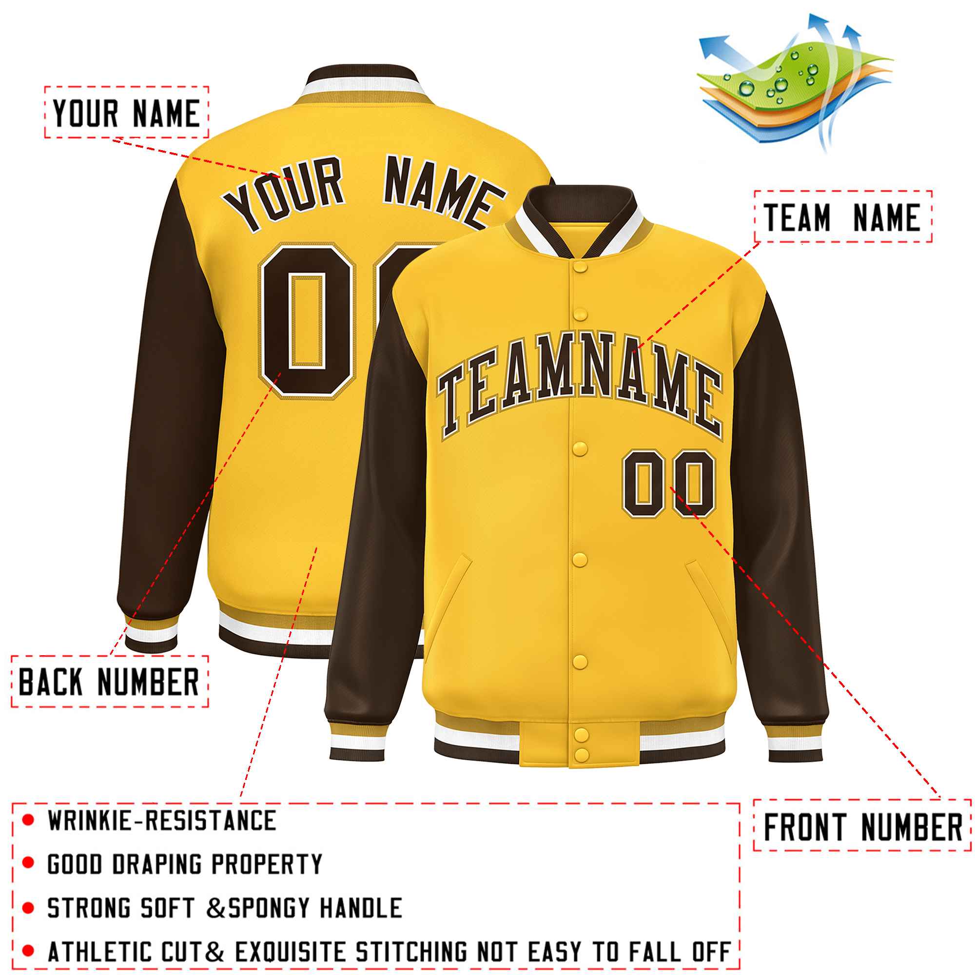 Custom Gold Brown Varsity Full-Snap Raglan Sleeves Letterman Baseball Jacket