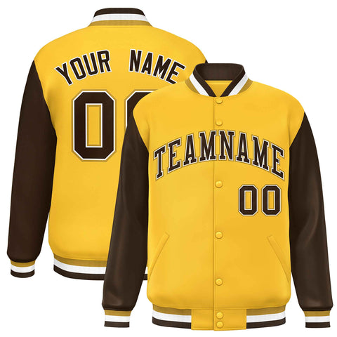Custom Gold Brown Varsity Full-Snap Raglan Sleeves Letterman Baseball Jacket