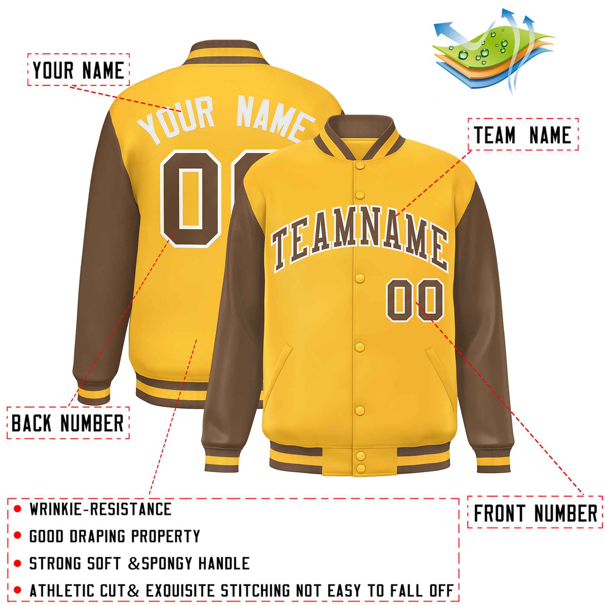 Custom Gold Light Brown Varsity Full-Snap Raglan Sleeves Letterman Baseball Jacket