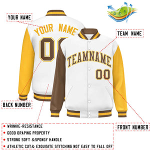 Custom White Light Brown-Gold Varsity Full-Snap Raglan Sleeves Letterman Baseball Jacket