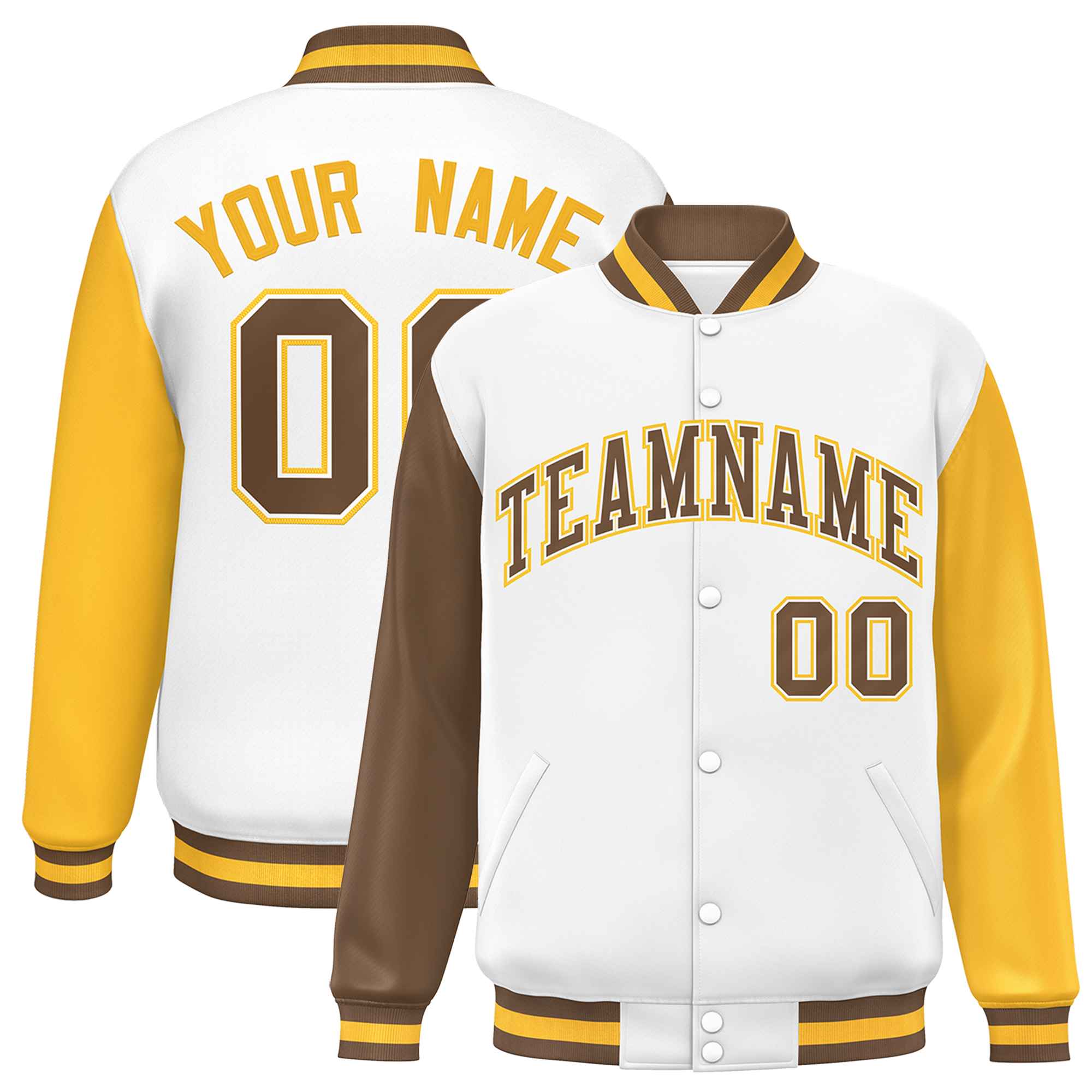 Custom White Light Brown-Gold Varsity Full-Snap Raglan Sleeves Letterman Baseball Jacket