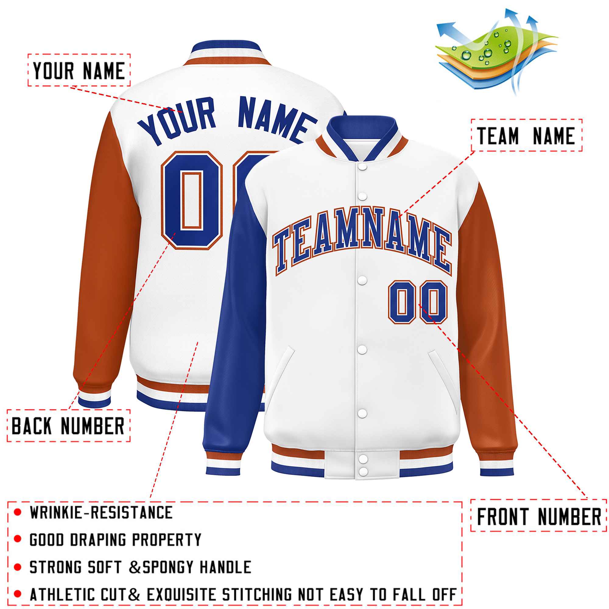 Custom White Royal-Texas Orange Varsity Full-Snap Raglan Sleeves Letterman Baseball Jacket