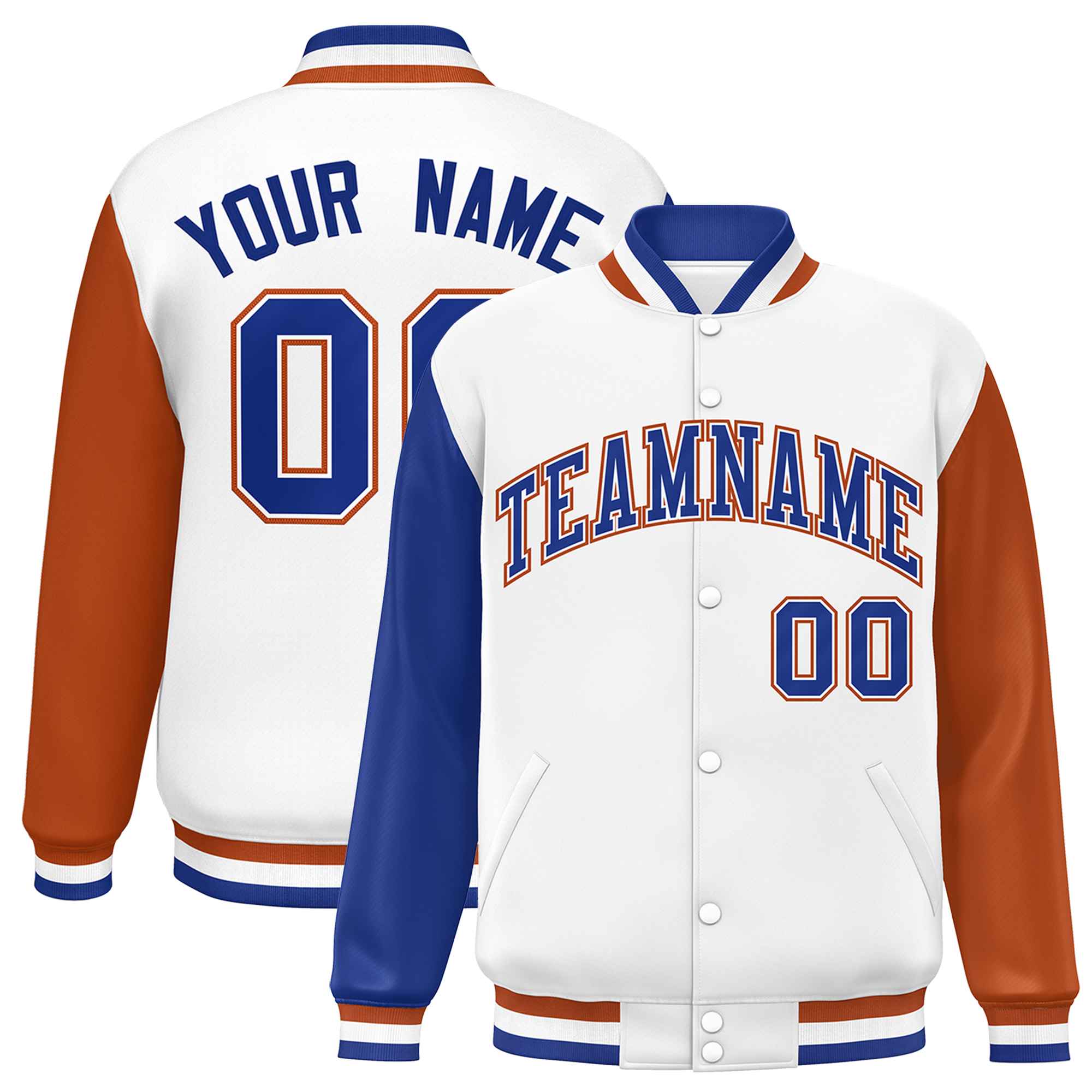 Custom White Royal-Texas Orange Varsity Full-Snap Raglan Sleeves Letterman Baseball Jacket