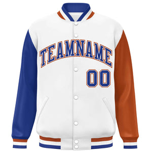 Custom White Royal-Texas Orange Varsity Full-Snap Raglan Sleeves Letterman Baseball Jacket