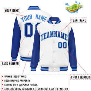 Custom White Royal Varsity Full-Snap Raglan Sleeves Letterman Baseball Jacket