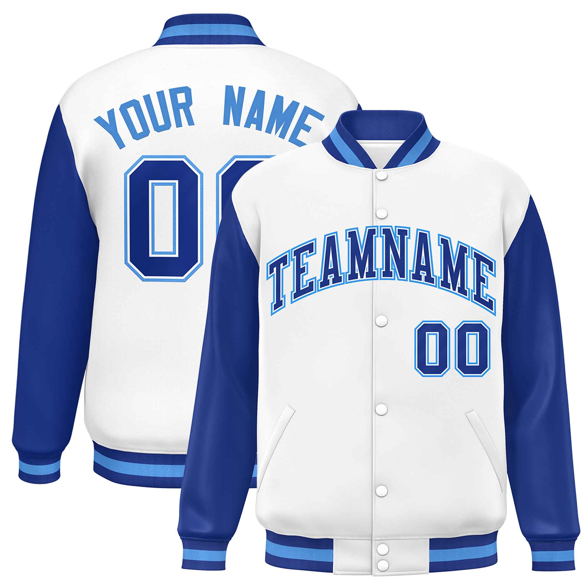 Custom White Royal Varsity Full-Snap Raglan Sleeves Letterman Baseball Jacket