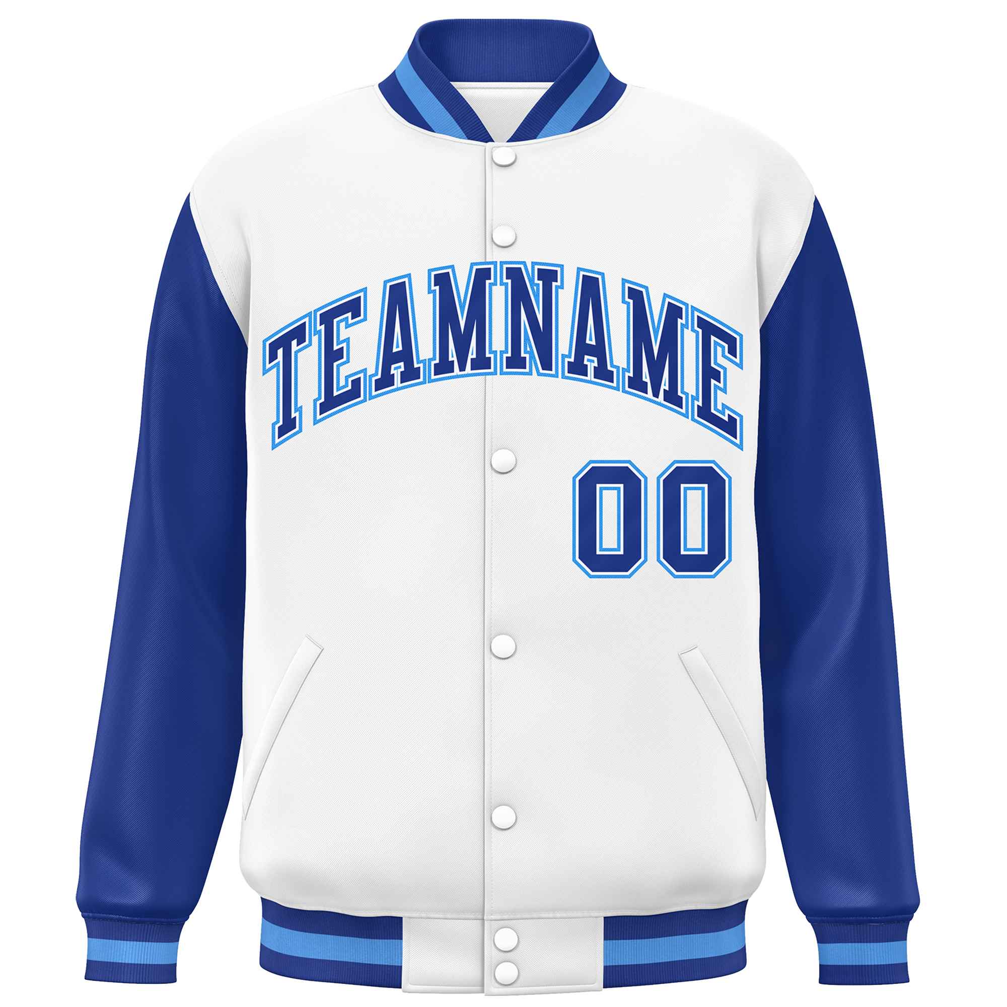 Custom White Royal Varsity Full-Snap Raglan Sleeves Letterman Baseball Jacket