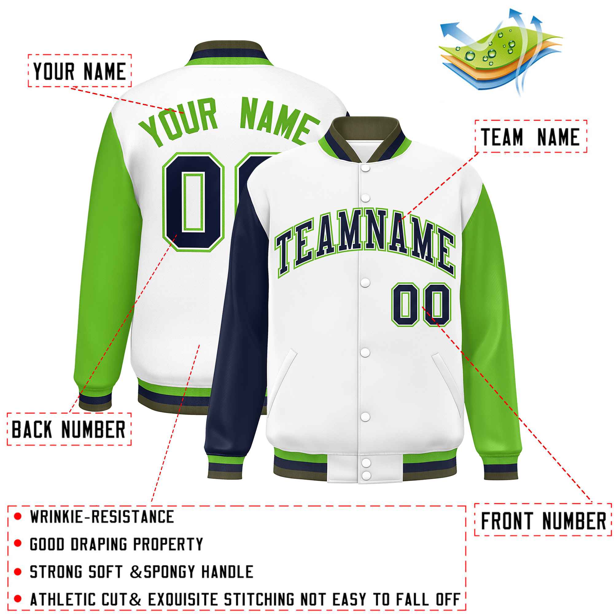 Custom White Navy-Green Varsity Full-Snap Raglan Sleeves Letterman Baseball Jacket