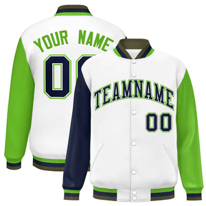 Custom White Navy-Green Varsity Full-Snap Raglan Sleeves Letterman Baseball Jacket