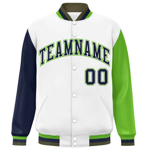 Custom White Navy-Green Varsity Full-Snap Raglan Sleeves Letterman Baseball Jacket