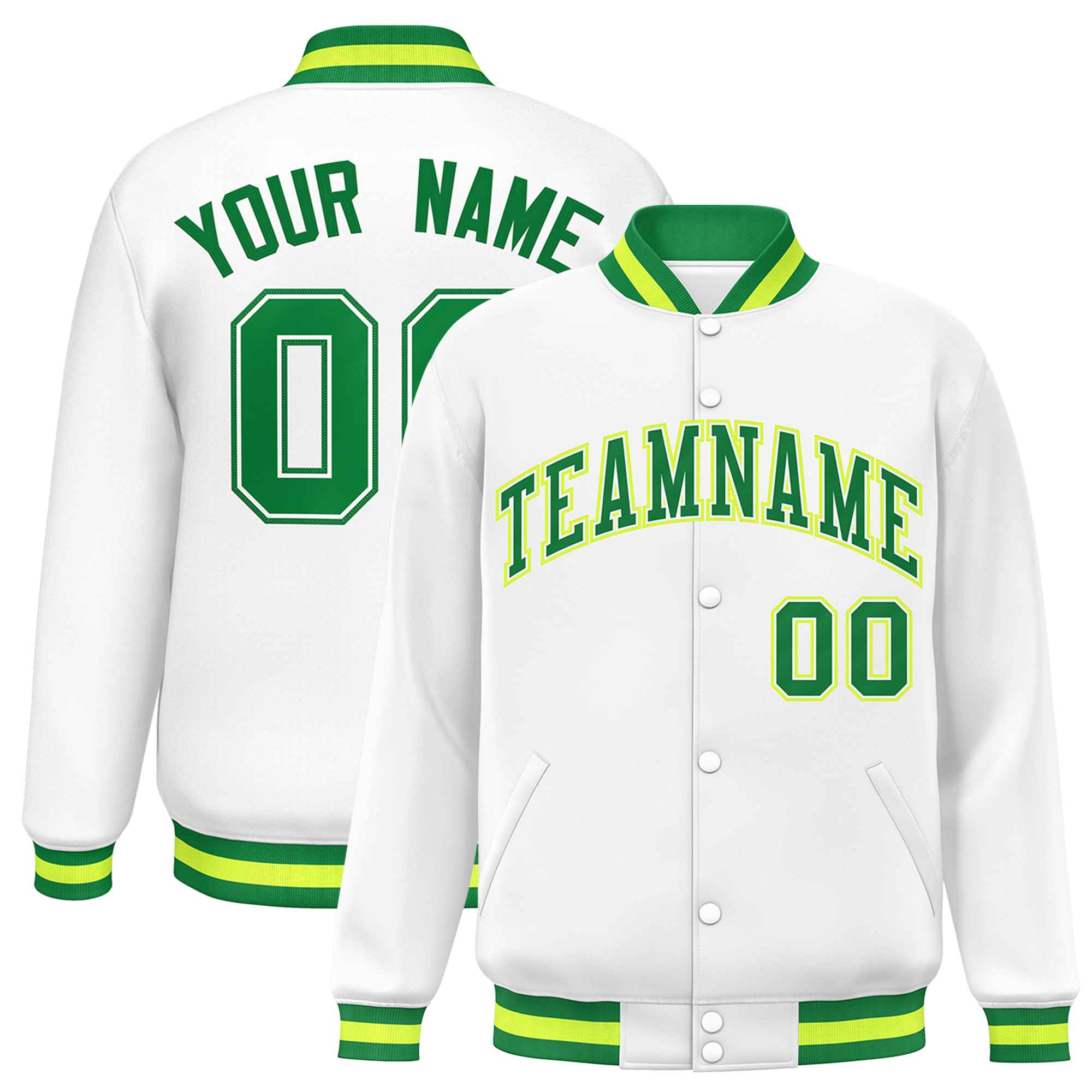 Custom White Kelly Green Varsity Full-Snap Classic Style Letterman Baseball Jacket