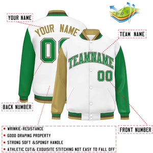 Custom White Old Gold-Kelly Green Varsity Full-Snap Raglan Sleeves Letterman Baseball Jacket