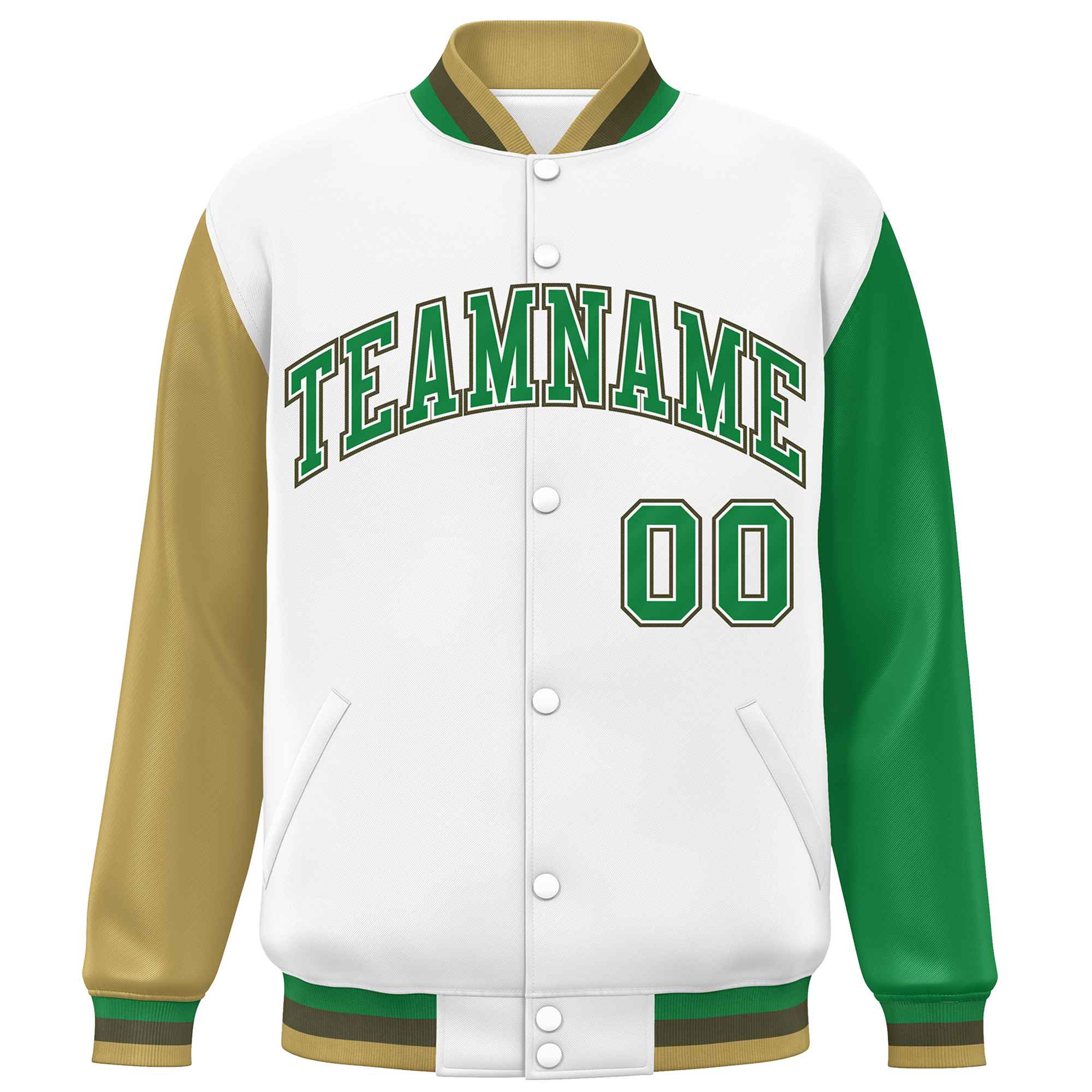 Custom White Old Gold-Kelly Green Varsity Full-Snap Raglan Sleeves Letterman Baseball Jacket