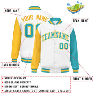 Custom White Gold-Aqua Varsity Full-Snap Raglan Sleeves Letterman Baseball Jacket