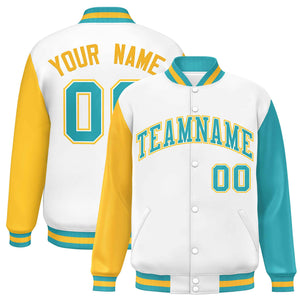 Custom White Gold-Aqua Varsity Full-Snap Raglan Sleeves Letterman Baseball Jacket