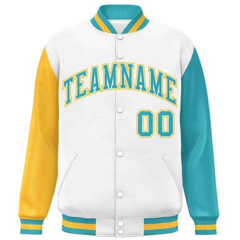 Custom White Gold-Aqua Varsity Full-Snap Raglan Sleeves Letterman Baseball Jacket