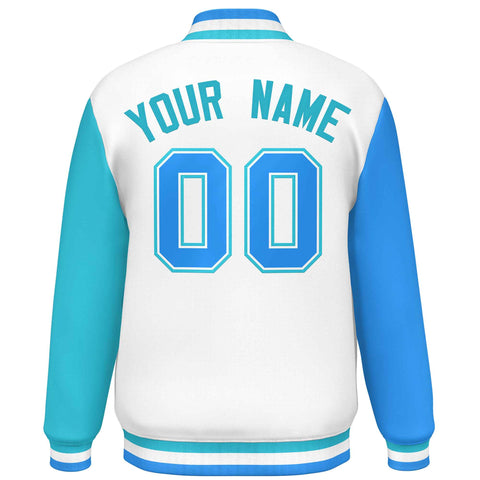 Custom White Powder Blue-Sky Blue Varsity Full-Snap Raglan Sleeves Letterman Baseball Jacket