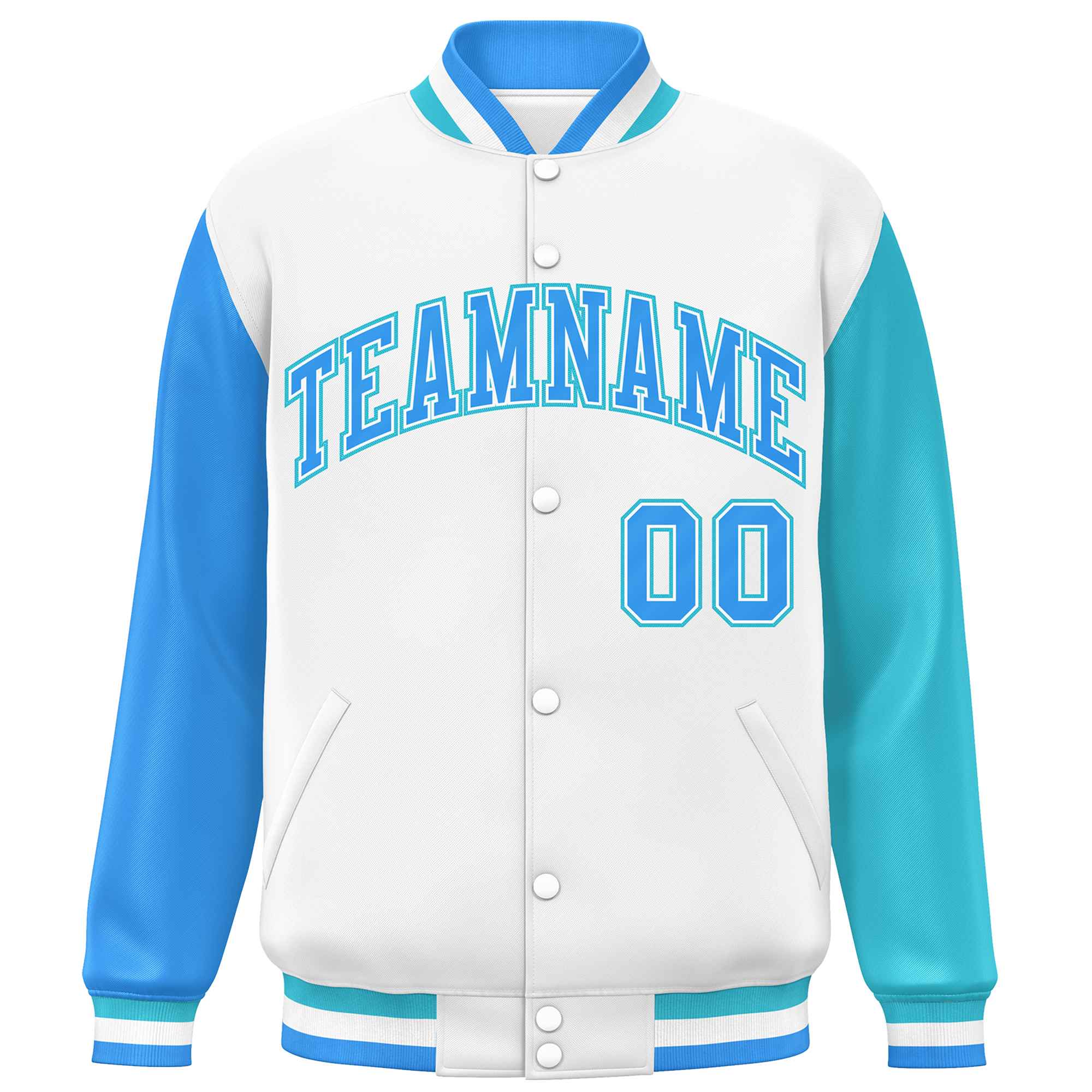 Custom White Powder Blue-Sky Blue Varsity Full-Snap Raglan Sleeves Letterman Baseball Jacket