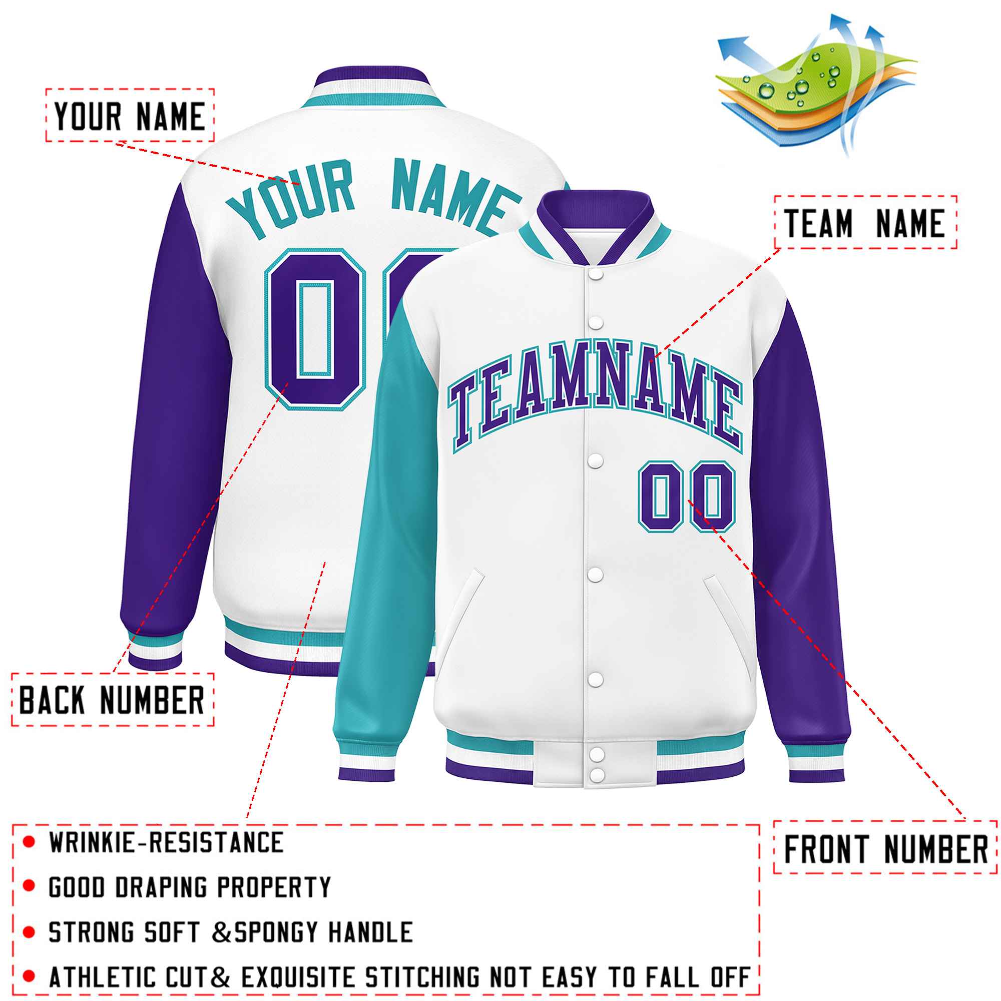 Custom White Aqua-Purple Varsity Full-Snap Raglan Sleeves Letterman Baseball Jacket