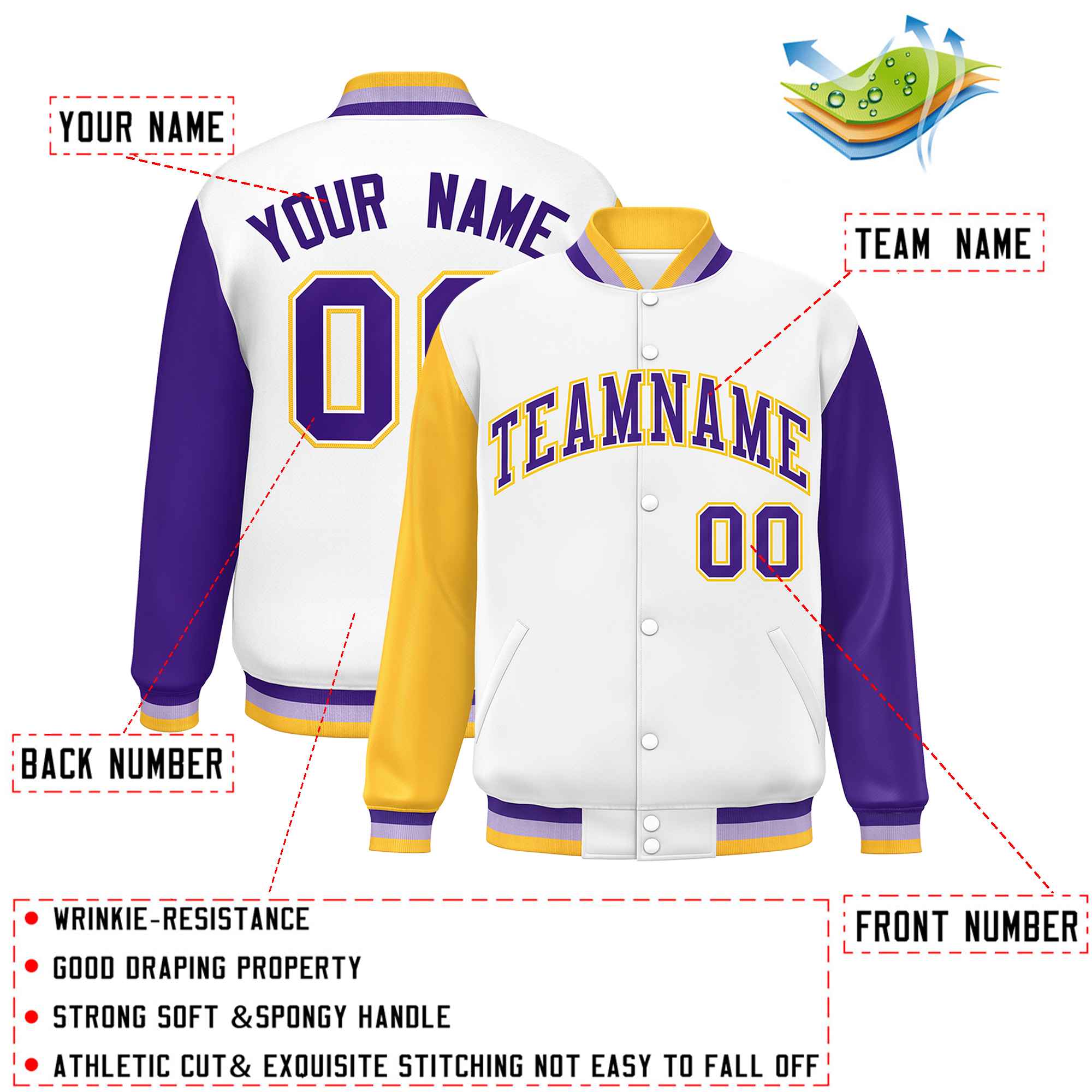 Custom White Gold-Purple Varsity Full-Snap Raglan Sleeves Letterman Baseball Jacket