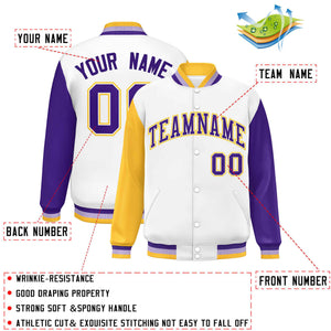 Custom White Gold-Purple Varsity Full-Snap Raglan Sleeves Letterman Baseball Jacket