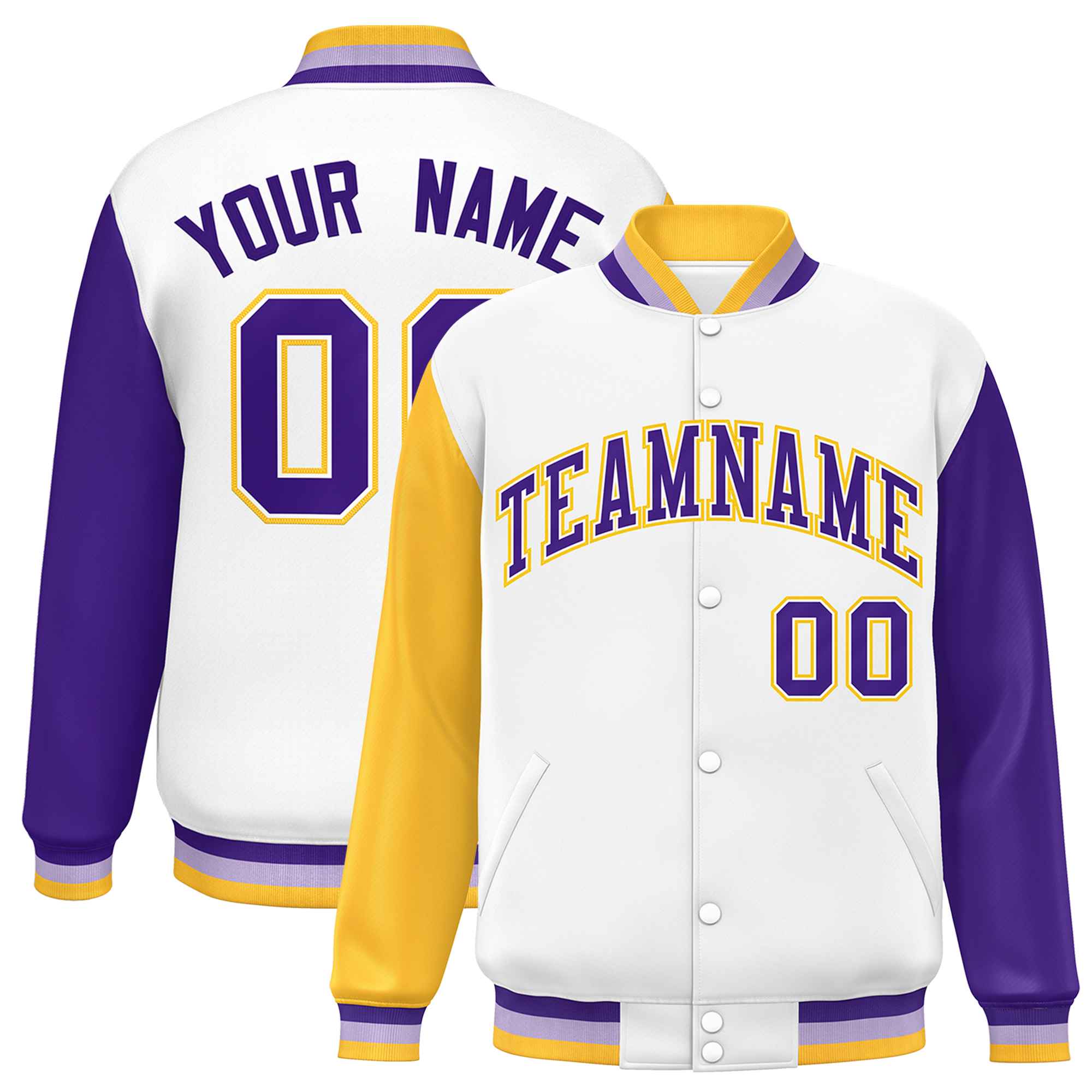 Custom White Gold-Purple Varsity Full-Snap Raglan Sleeves Letterman Baseball Jacket