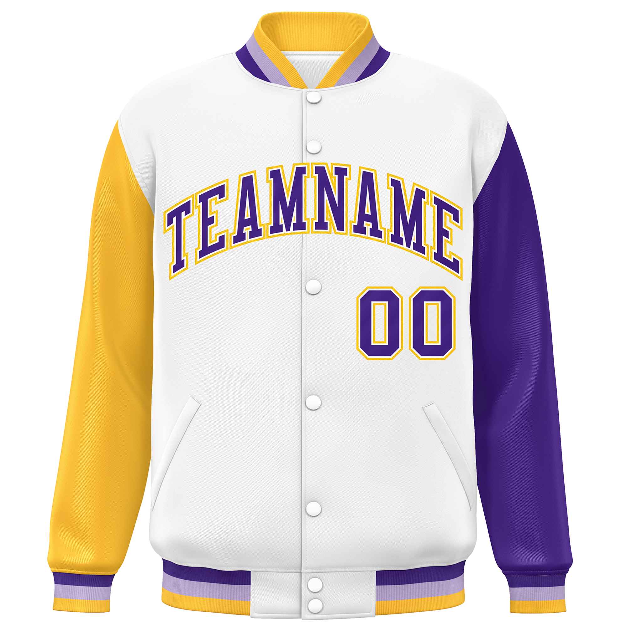 Custom White Gold-Purple Varsity Full-Snap Raglan Sleeves Letterman Baseball Jacket