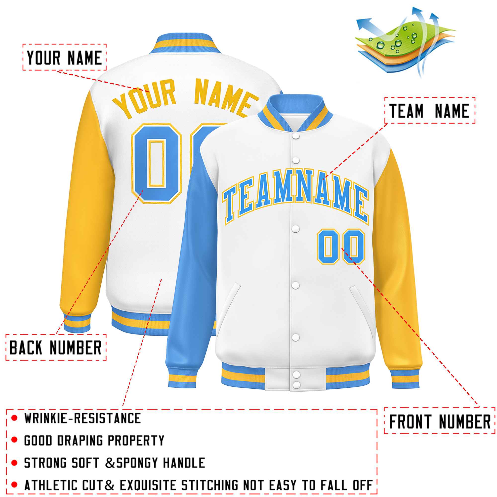 Custom White Powder Blue-Gold Varsity Full-Snap Raglan Sleeves Letterman Baseball Jacket