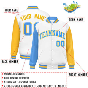 Custom White Powder Blue-Gold Varsity Full-Snap Raglan Sleeves Letterman Baseball Jacket