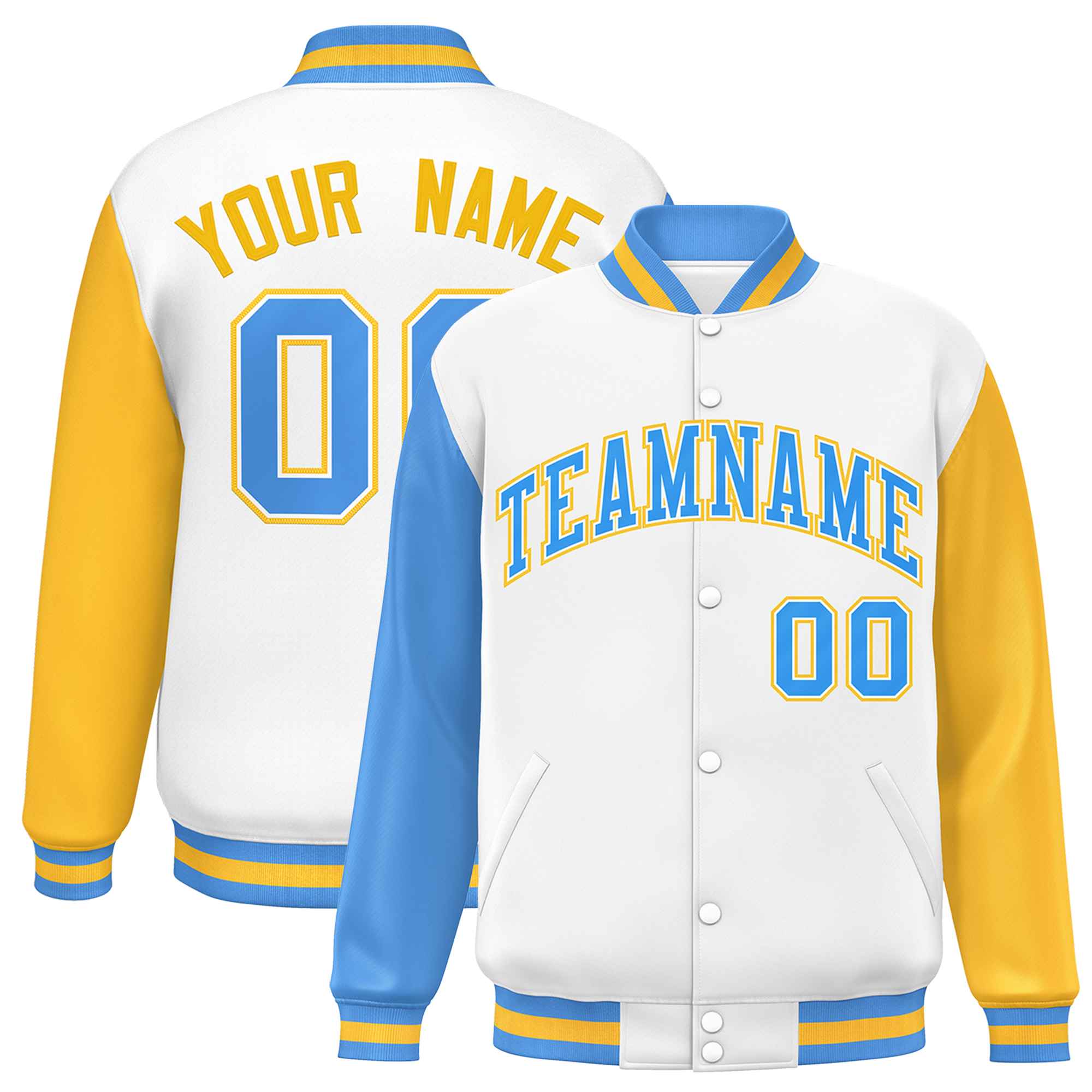 Custom White Powder Blue-Gold Varsity Full-Snap Raglan Sleeves Letterman Baseball Jacket