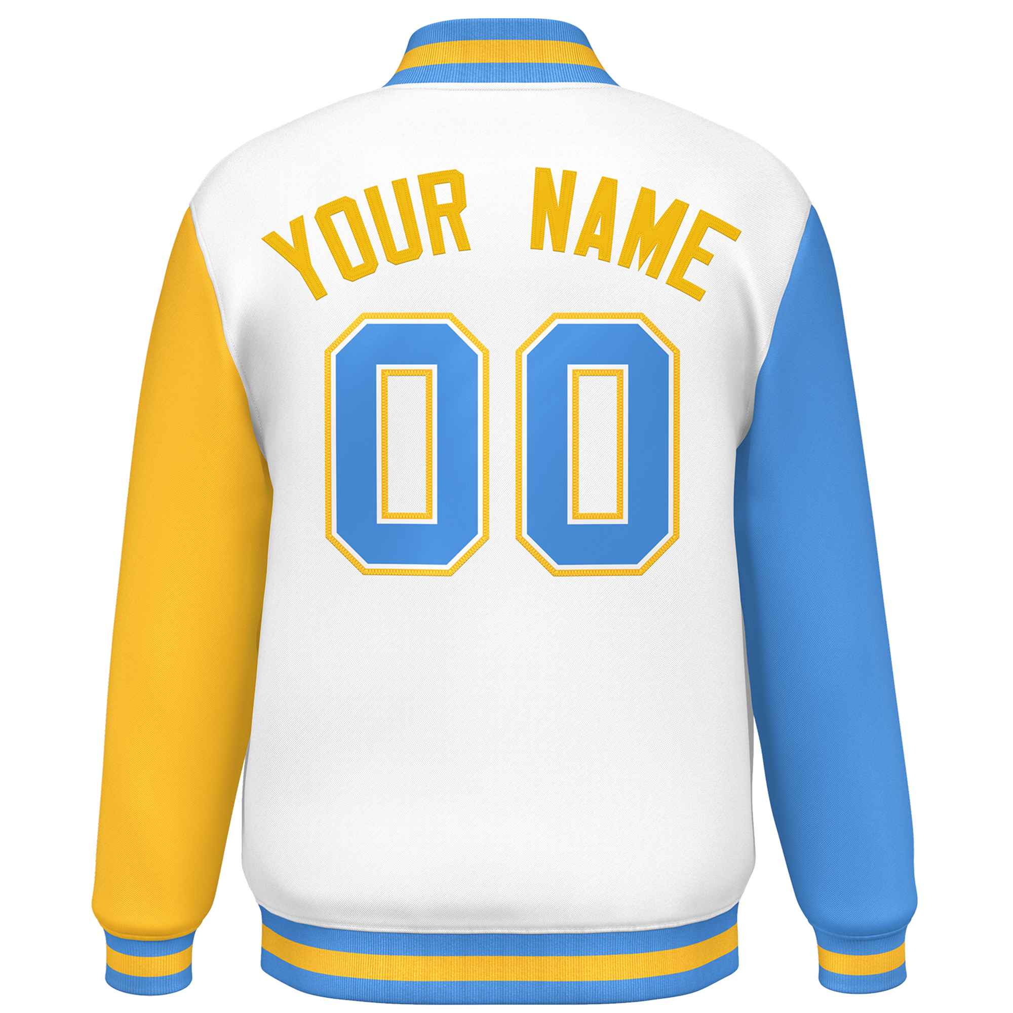 Custom White Powder Blue-Gold Varsity Full-Snap Raglan Sleeves Letterman Baseball Jacket