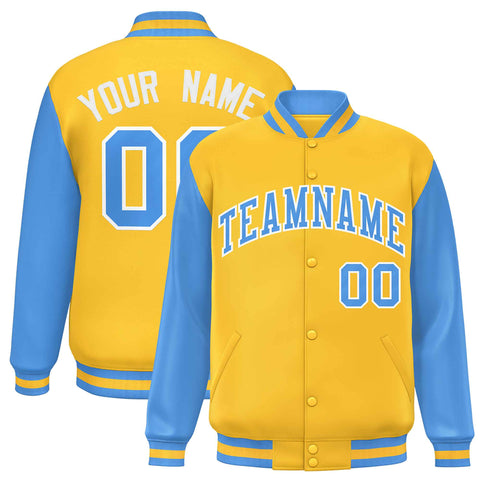 Custom Gold Powder Blue Varsity Full-Snap Raglan Sleeves Letterman Baseball Jacket