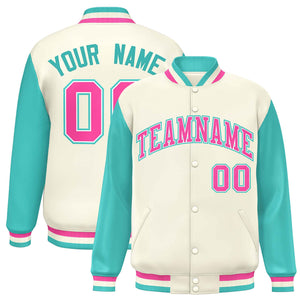 Custom Cream Aqua-Pink Varsity Full-Snap Raglan Sleeves Letterman Baseball Jacket